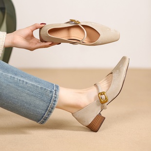 ins巨软巨软！新中式~真皮国风玛丽珍单鞋女中跟方头V口粗跟女鞋