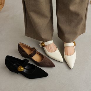 软羊皮内增高尖头单鞋女新款春夏简约粗跟气质百搭浅口玛丽珍鞋