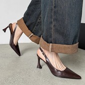 春夏新款 尖头高跟鞋 细跟鞋 女真皮法式 后空搭扣包头凉鞋 超提气质