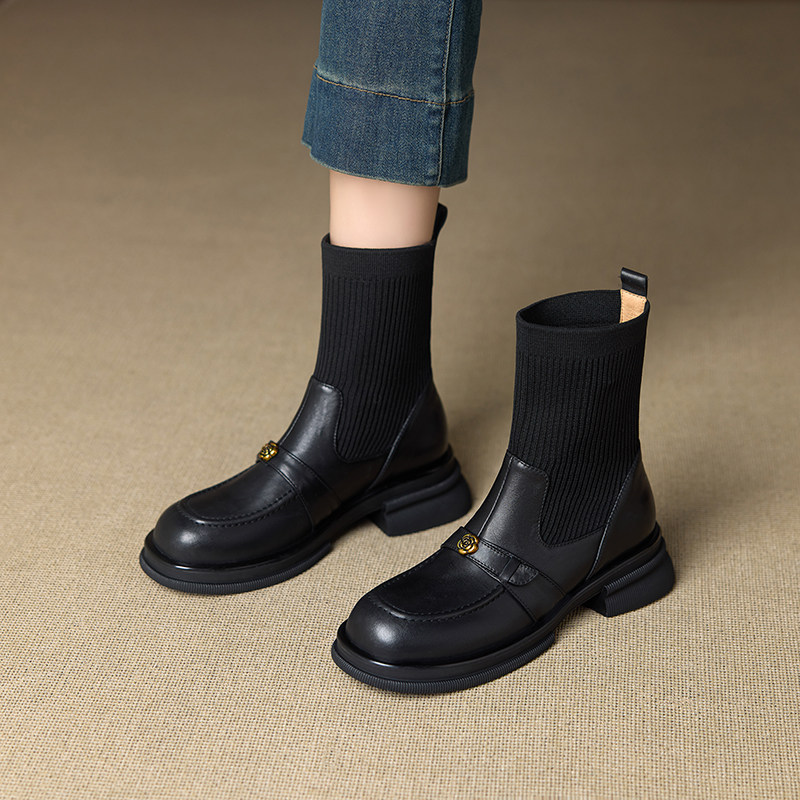 法式复古羊皮圆头山茶花针织袜靴女2025年秋冬瘦瘦靴百搭厚底短靴,女鞋,弹力靴/袜靴,淘宝优惠券,粉丝福利购,淘宝优惠卷