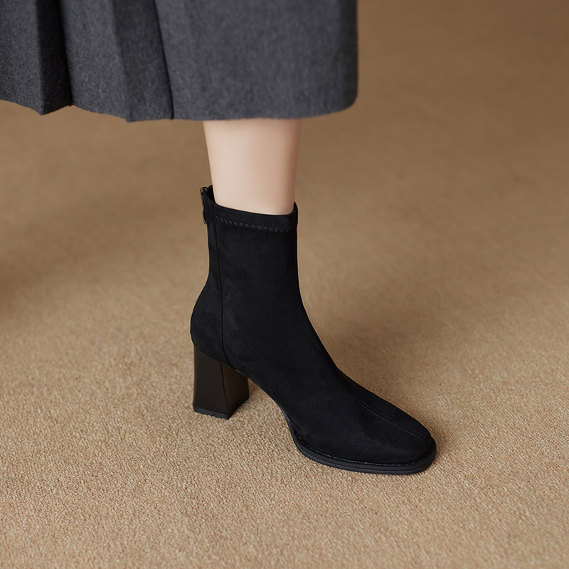 2025年新款真皮方头短靴女春秋单靴粗跟马丁靴英伦风短筒高跟靴子,女鞋,时装靴,淘宝优惠券,粉丝福利购,淘宝优惠卷