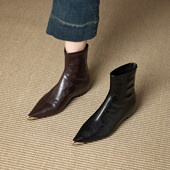 复古软羊皮尖头内增高短靴女2025年秋冬新款 后拉链气质百搭瘦瘦靴