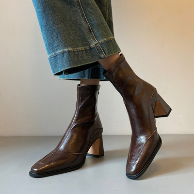 法式复古方头真皮高跟瘦瘦靴女