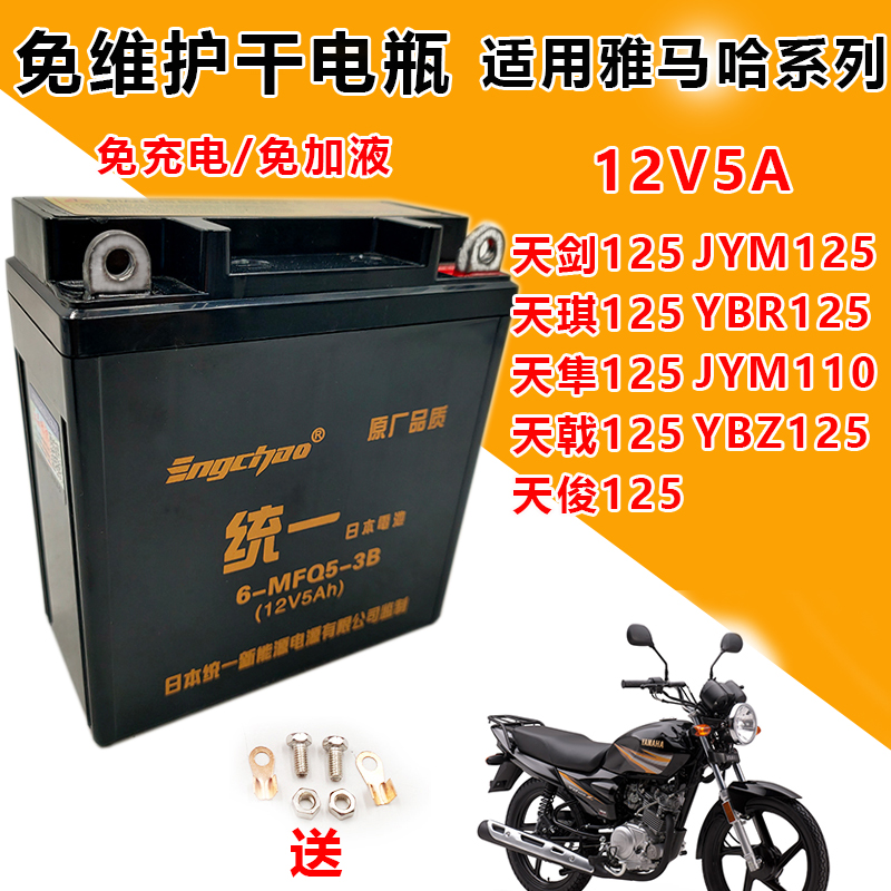 雅马哈125天剑天戟YBR/JYM125摩托车统一免维护蓄电池12V5A干电瓶