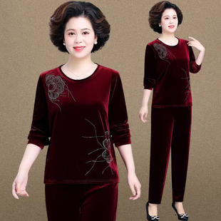 中老年妈妈秋季金丝绒运动服休闲套装女春秋贵夫人洋气卫衣两件套
