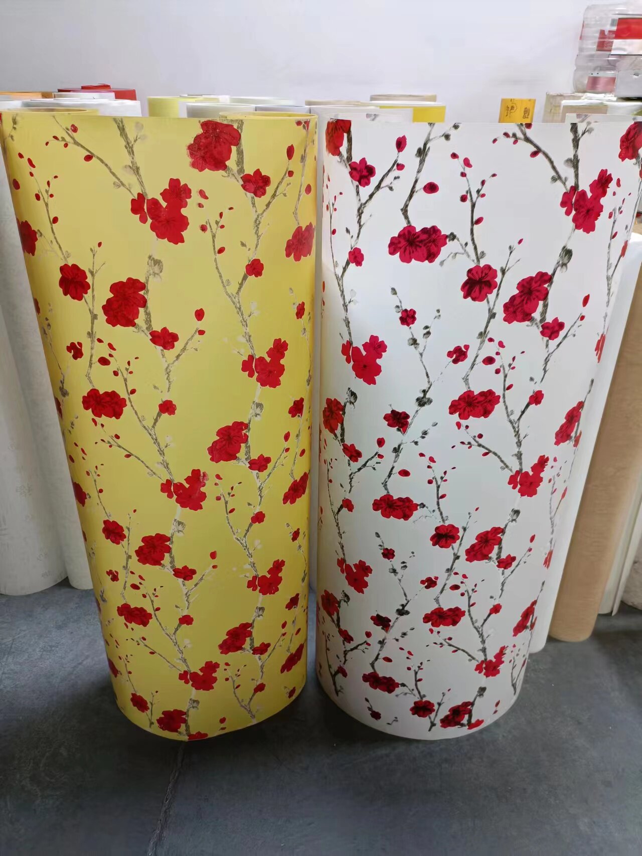 灯罩材料羊皮纸pvc胶片黄底白底红梅花中式吊顶花格门窗装修酒店