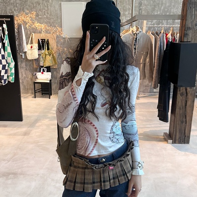 【现货】美式辣妹长袖t恤女春夏古典印花宫廷花边领内搭打底衫