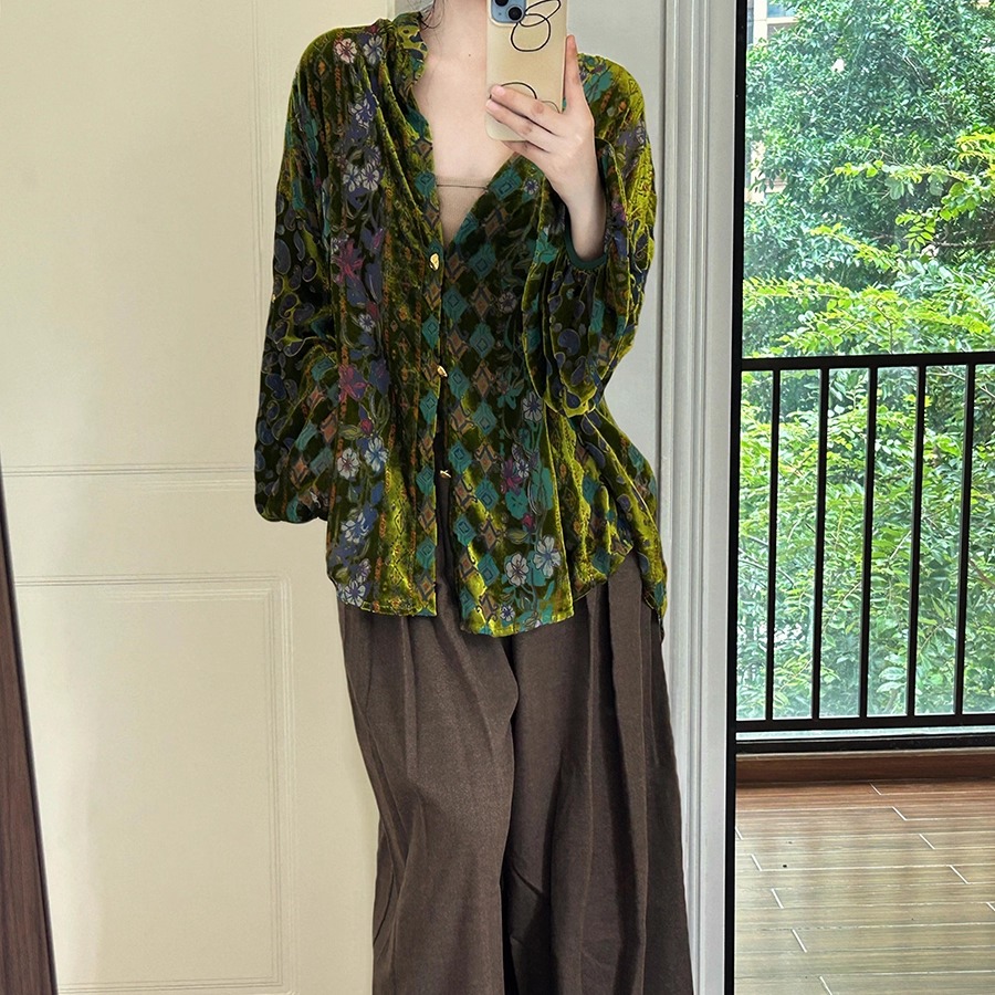 「正确版」秋新款新中式国风碎花衬衫女小众V领艺术系流浪风上衣