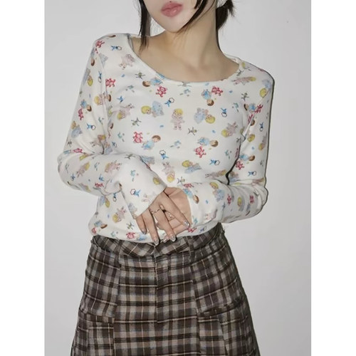 【现货】卡通印花修身长袖T恤女春装新款女