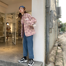 西装外套女2019新款春秋短款韩版宽松英伦风休闲格子小香风小西服