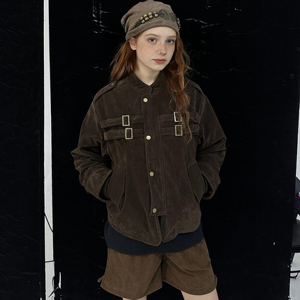 「现货」美式复古vintage拼接设计仿麂皮设计感夹克女短春秋外套