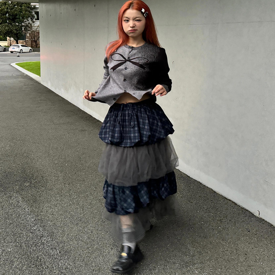 「现货」美式复古格纹拼接网纱半身裙女秋装新款小众蛋糕y2k长裙
