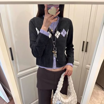 【正确版】韩国小众假两件撞色菱格形毛织开衫仿羊毛混纺圆领上衣