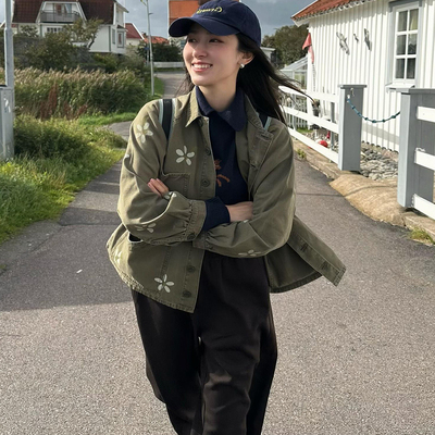 【现货】在阴天的京都穿花花牛仔外套水洗手工印花牛仔夹克外套