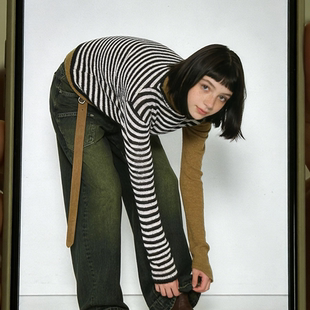 【正确版】双层仿高领条纹针织衫 韩国休闲 撞色袖型半短款毛衣