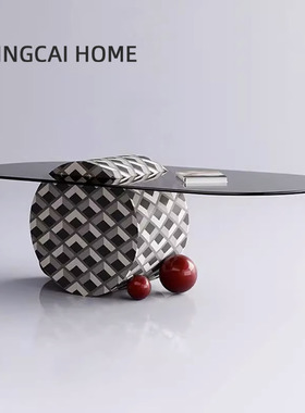 钢化椭圆玻璃茶几意式极简彩色休息区桌子黑白艺术轻奢金属客厅茶