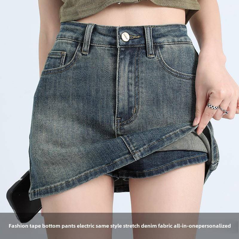 美式夏走季EAQ高腰弹力瘦覆古牛显仔裙a字裙辣女防光妹包臀牛仔短