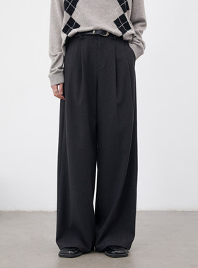 CV大码女装春新款松弛简约垂感腰头压褶西装裤高腰直筒长裤女胖mm