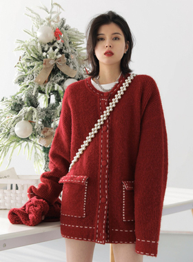 CV大码女装 圣诞新年款复古设计感宽松撞色绗线针织红色毛衣冬女