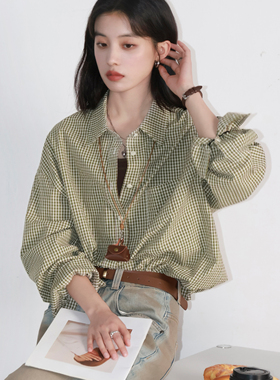 CV大码女装夏季新款BF风宽松莼棉撞色格子衬衫肌理休闲衬衣女胖mm
