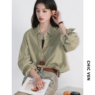 BF风宽松莼棉撞色格子衬衫 CV大码 新款 夏季 肌理休闲衬衣女胖mm 女装