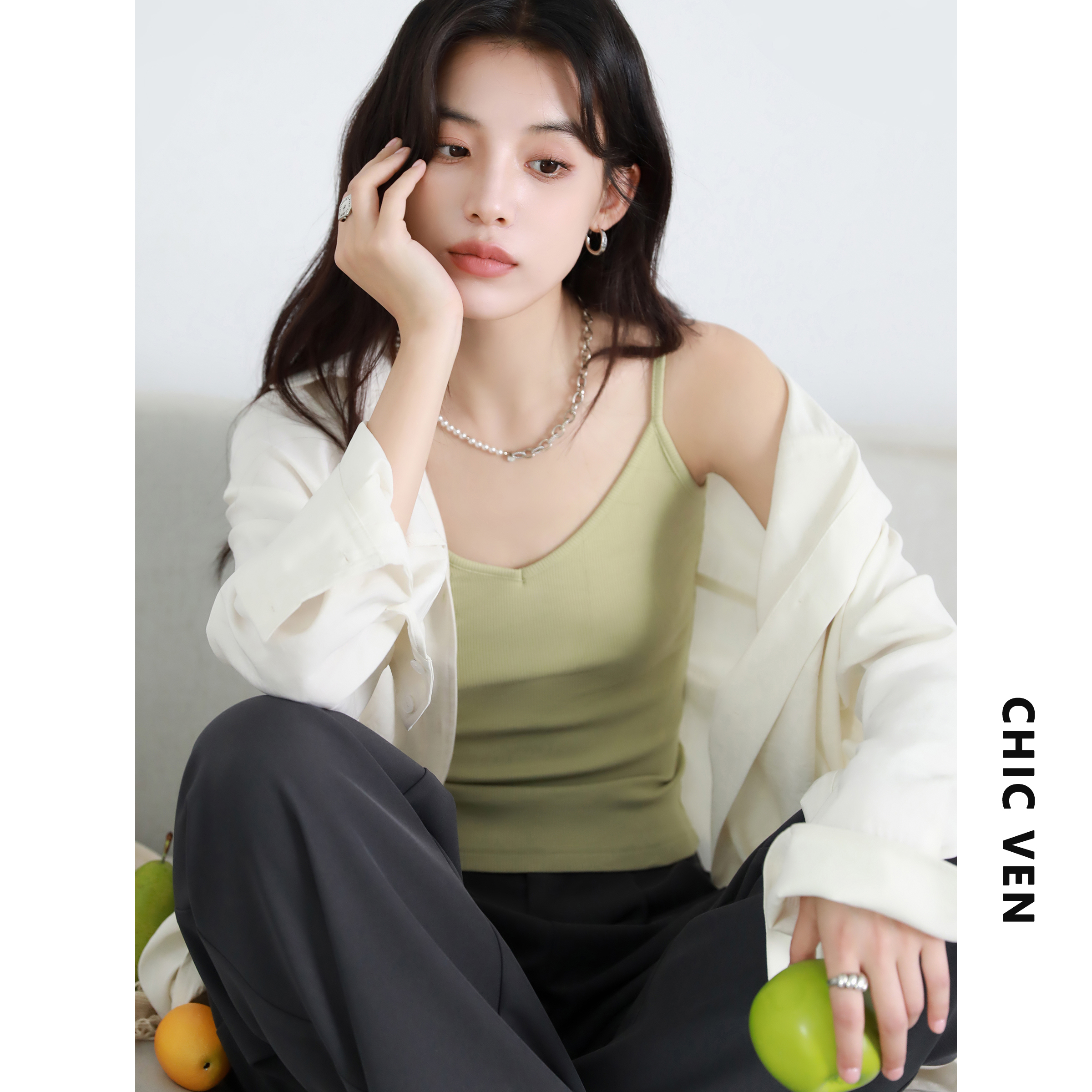 CV大码女装V领黑色吊带无袖背心