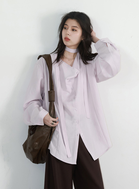 CV大码女装春季新款设计感天丝飘带荡领衬衫纯色气质上衣女胖妹mm