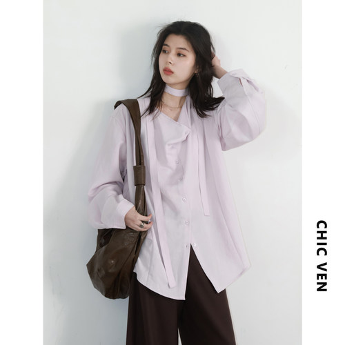 CV大码女装飘带荡领衬衫女