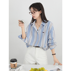 CV大码女装25夏季新款天丝刺绣条纹衬衫中长款廓形防晒衬衣女胖mm