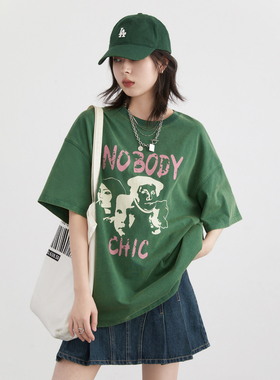 CV大码女装 2026夏季新款美式做旧荃棉印花短袖T恤宽松中长款上衣