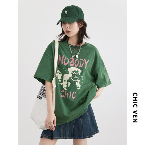 CV大码女装 2026夏季新款美式做旧荃棉印花短袖T恤宽松中长款上衣