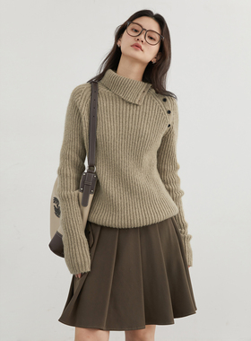 CV大码女装 冬季新款斜开领羊毛坑条针织衫小个子套头毛衣胖MM女