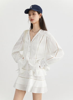 CV大码女装 2026夏季新款V领蕾丝镂空系带衬衫半身蛋糕短裙套装女