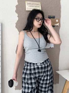 CV大码女装春夏优可丝针织双肩带外穿吊带美背内搭背心带胸垫胖mm