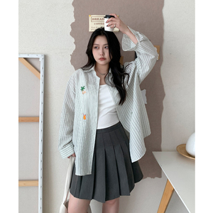 CV大码女装夏新款翻领刺绣条纹衬衫海边度假中长款防晒外套女胖mm