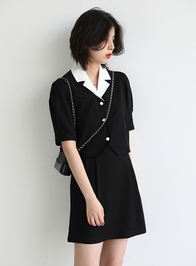 CV大码女装 复古仿牛仔撞色可拆卸领短衬衫A字半裙两件套夏季新款