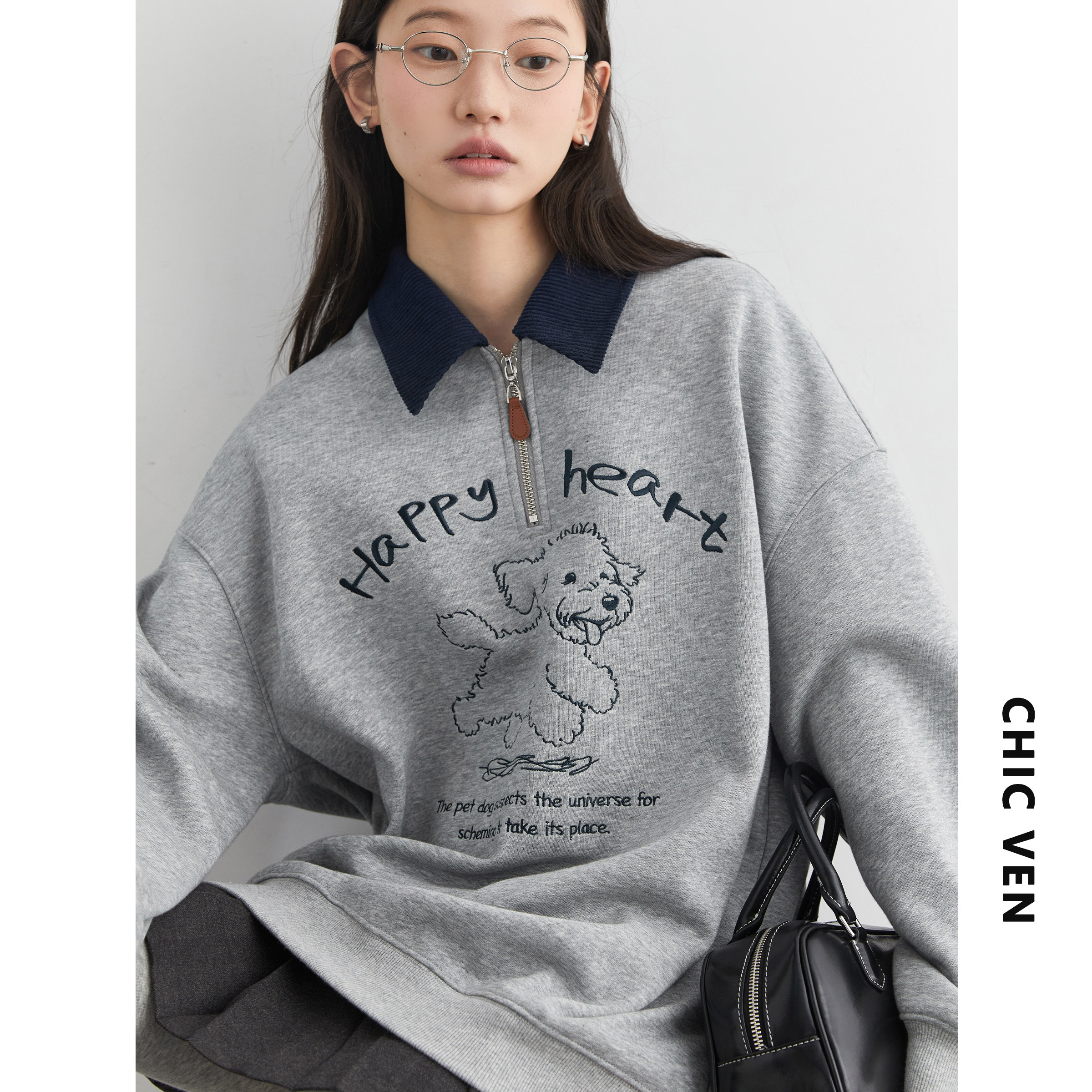 polo领小狗刺绣加绒卫衣女胖mm