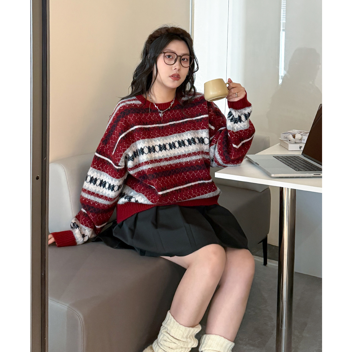 CV大码女装 冬季新款圣诞撞色提花羊毛针织上衣费尔岛毛衣胖MM女