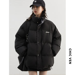 新款 冬季 格纹拼接棉服保暖棉衣情侣棉袄面包服外套女 女装 CV大码