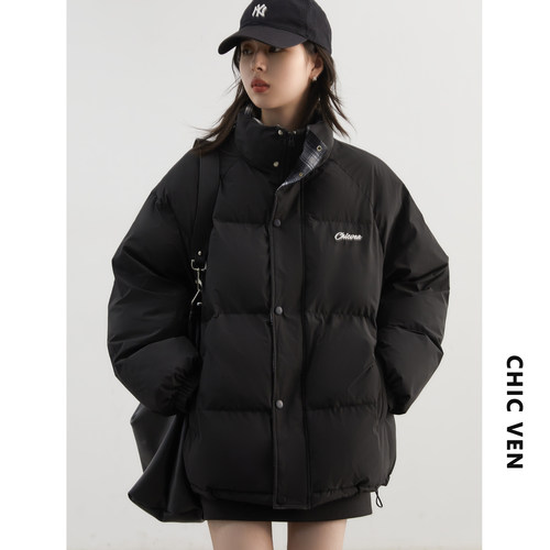 CV大码女装 冬季新款格纹拼接棉服保暖棉衣情侣棉袄面包服外套女