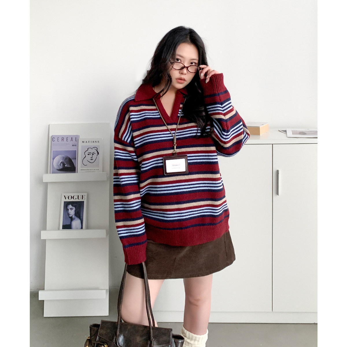 CV大码女装 冬新款复古宽松撞色条纹v领Polo领保暖针织毛衣女胖mm,女装/女士精品,大码内搭,淘宝优惠券,粉丝福利购,淘宝优惠卷