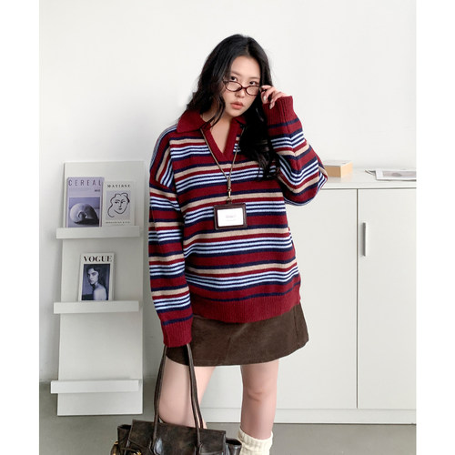 复古宽松撞色条纹v领针织毛衣