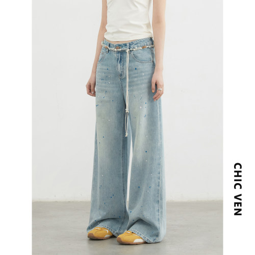 CV大码女装泼墨点直筒牛仔裤女