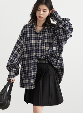 CV大码女装 2026春季简约chic宽松撞色格纹长袖衬衫休闲衬衣胖MM