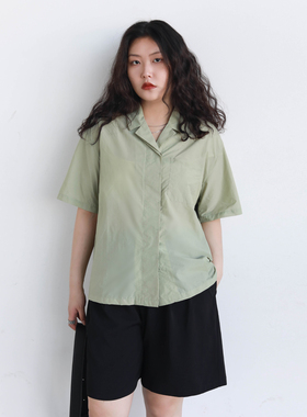 CV大码女装 元气少年感宽松双层暗门襟西装领短袖薄衬衫女夏新款