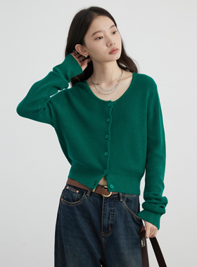 CV大码女装 春季新款韩版圆领羊毛收腰针织开衫短款毛衣小衫胖MM