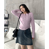 打底衫 CV大码 上衣胖MM 半开领纽扣长袖 T恤优可丝修身 女装 春秋新款