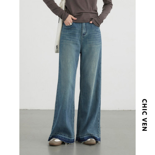 复古猫须磨白直筒牛仔裤