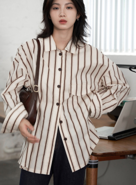 CV大码女装春季中长款气质复古宽松棉感撞色竖条纹长袖衬衫女胖mm