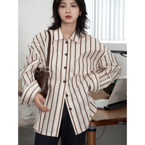 复古宽松棉感撞色竖条纹长袖衬衫